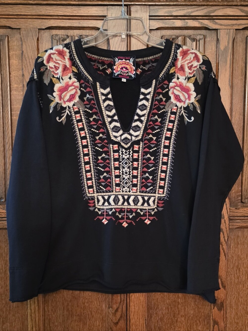 Johnny Was Black Sweatshirt with Pink & Cream Floral Embroidery